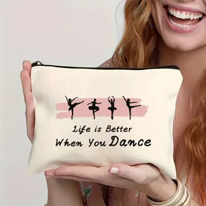Canvas makeup bag with elegant ballerina silhouette print, perfect daily cosmetic storage pouch.