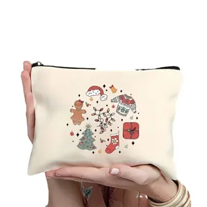 Christmas cartoon print cosmetic bag, cute holiday pattern canvas makeup pouch for women and girls.