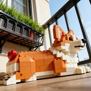 Detailed view of the cute Corgi building block set, featuring orange and white brick design.