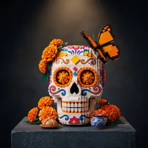 Dettaglio del teschio del Giorno dei Morti in mattoncini con farfalla e fiori.