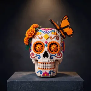 Day of the Dead skull building block set with marigolds and butterfly detail display.
