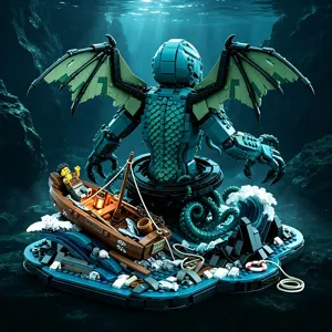 Detailed view of Cthulhu sea monster building block scene with dark mythic underwater details.