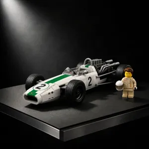 Vintage F1 racing car building blocks set with driver minifigure and helmet display model.