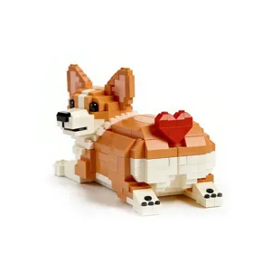 Cute Corgi building block toy detail shot showing the adorable brick-built dog with a red heart tail.