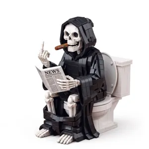 Grim reaper skull building blocks sitting on toilet with cigar and newspaper toy gift