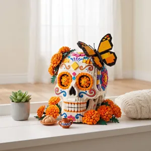 Giocattolo di blocchi teschio Dia de los Muertos, decorazione scheletro colorato per regalo.