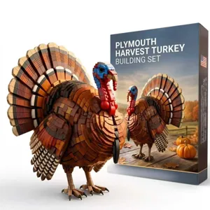 Detailansicht des Thanksgiving Truthahn Baustein Sets, herbstliches Ernte Spielzeug und Verpackung.