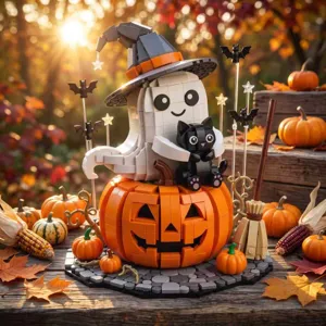 Halloween Building Blocks Set Ghost Witch Hat Black Cat Pumpkin Lamp Bricks Kids Educational Desktop Decoration Toys
