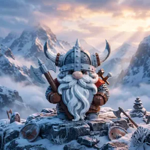 Detailed view of a brick-built Viking dwarf warrior with horned helmet in a snowy mountain scene.