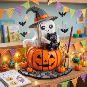Halloween building blocks set featuring cute ghost witch cat and pumpkin decoration detail.