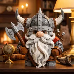 Viking gnome warrior building blocks toy set, featuring horned helmet, white beard, and battle axe.