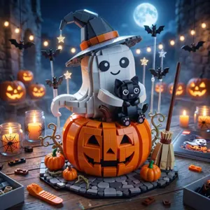 Halloween building blocks toy set featuring ghost witch, black cat, and pumpkin decor.