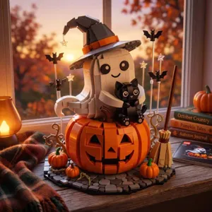 Detailed view of Halloween ghost and black cat brick building toy set on desk decor.