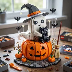 Halloween ghost witch cat building blocks set, pumpkin lamp brick toy for desktop decor.
