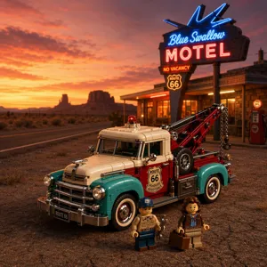 Route 66 Retro Tow Truck Building Blocks American Wrecker Assembly Model Plastic Bricks Construction Toy Desktop Gift