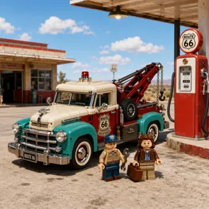 Route 66 retro tow truck building block detail, classic American rescue vehicle model scene.
