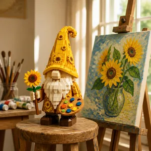 Detail view of the sunflower gnome building block ornament in an art studio setting.