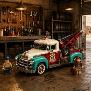 Vintage Route 66 tow truck building block set, detailed American wrecker toy model.