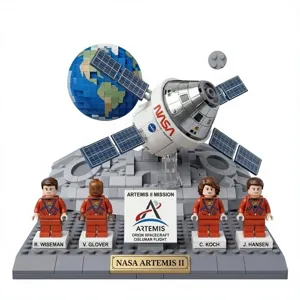 Vue détaillée du jeu de blocs de construction vaisseau spatial NASA Artemis II et base.