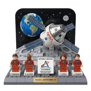 Ensemble de blocs de construction de vaisseau spatial NASA Artemis II avec astronautes et lune.