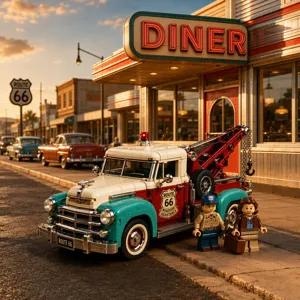 Route 66 vintage tow truck building blocks set, classic American breakdown car model toy.
