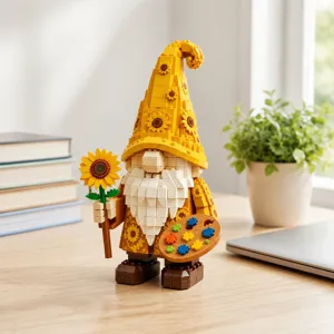 Detailed view of a sunflower gnome building block figure holding a palette on a wooden desk.