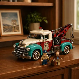 Vintage Route 66 tow truck building blocks model, American retro tow car toy set for gifts.