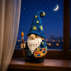 Detailed view of the Van Gogh Starry Night building block gnome ornament on windowsill.