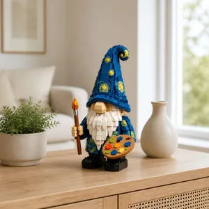 Starry Night gnome building block figurine detail view, artistic desktop decoration figure.
