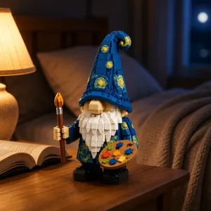 Starry night themed building block gnome figurine with paintbrush and palette, desk decor.
