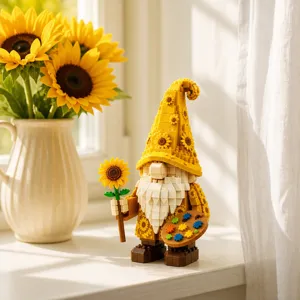 Sunflower Gnome building block figurine detail, artist brick toy on white windowsill showcase.