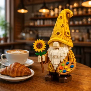 Sunflower gnome building block figure detail, artist desktop ornament, creative brick toy.