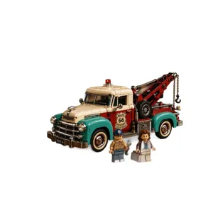 Vintage Route 66 tow truck building blocks toy set, American wrecker vehicle model gift.