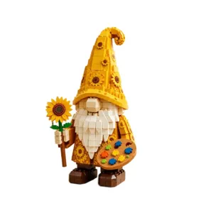 Sunflower gnome building block figure, artist palette and flower set, desktop toy decor.