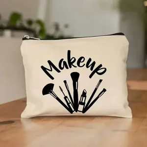 Canvas makeup bag with zipper closure and cute beauty print, ideal for daily storage and travel.