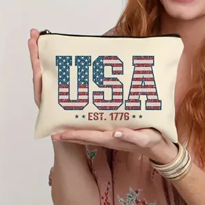 Canvas makeup bag with USA retro text print, zipper closure, portable student storage pouch.