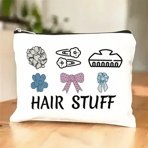 White canvas cosmetic pouch with cute hair stuff graphics and zipper closure for daily use.