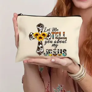 Detailed shot of canvas makeup bag featuring inspiring cross and sunflower print design.
