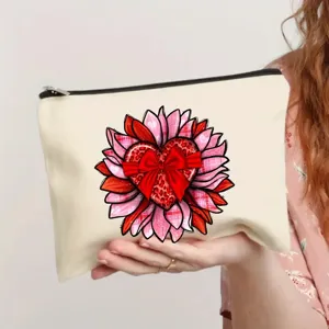Canvas zipper makeup bag detail, cute heart floral print storage pouch for daily use.
