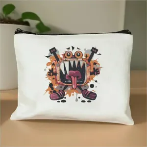 Weißes Federmäppchen aus Leinen mit witzigem Monstermotiv, robuster Reißverschluss Kosmetikbeutel.