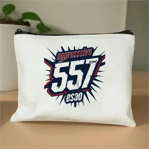 Borsa per trucco con cerniera in tela bianca con stampa grafica per uso quotidiano.