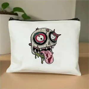 Weißer Canvas Reißverschlussbeutel mit coolem Zombie Schädel Print, ideal als Kosmetiktasche.