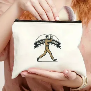 Borsa per cosmetici in tela con stampa grafica vintage, chiusura a cerniera resistente.