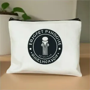 Weißes Kosmetiktasche Detail, Leinwand Federmäschchen mit stilvollem rundem Druckdesign für Alltag.