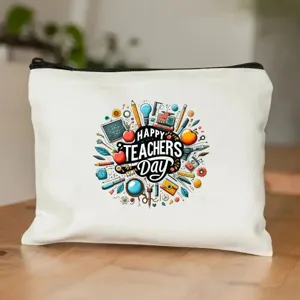 Borsa cosmetica in tela bianca con stampa colorata della festa degli insegnanti e zip resistente.