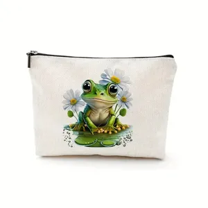 Cute white canvas makeup bag with frog print, portable cosmetic storage and cute toiletry pouch.