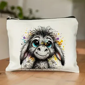 White canvas cosmetic bag with cute cartoon donkey print, portable makeup pouch for daily use.