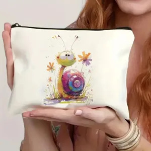 White cosmetic bag featuring cute watercolor snail print, practical makeup zipper pouch detail.