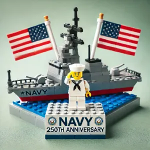 Military aircraft carrier building blocks toy set with navy sailor minifigure detail.
