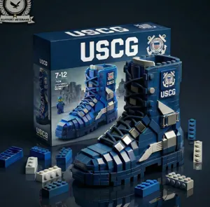 Detailed view of military boot building blocks set featuring USCG box packaging and loose bricks.
